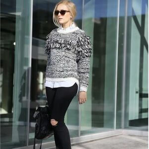 NWOT Banana Republic Black & White Chunky Knit Fringe Sweater Size XS